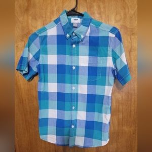 Boys Blue Button Down Plaid Short Sleeve Shirt